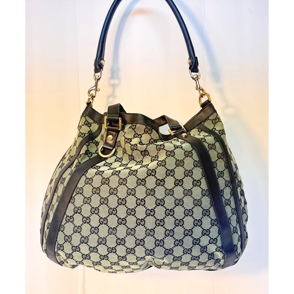 Gucci Abbey tote green monogram canvas w/ black leather trim GUC